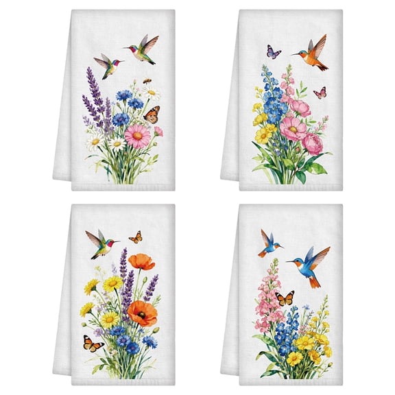 4Pcs Hummingbird Flowers Hand Towels Birds Floral Seasonal Spring Summer Dish Towels 24 x 16 Inch Microfiber Absorbent Soft Tea Dishcloths