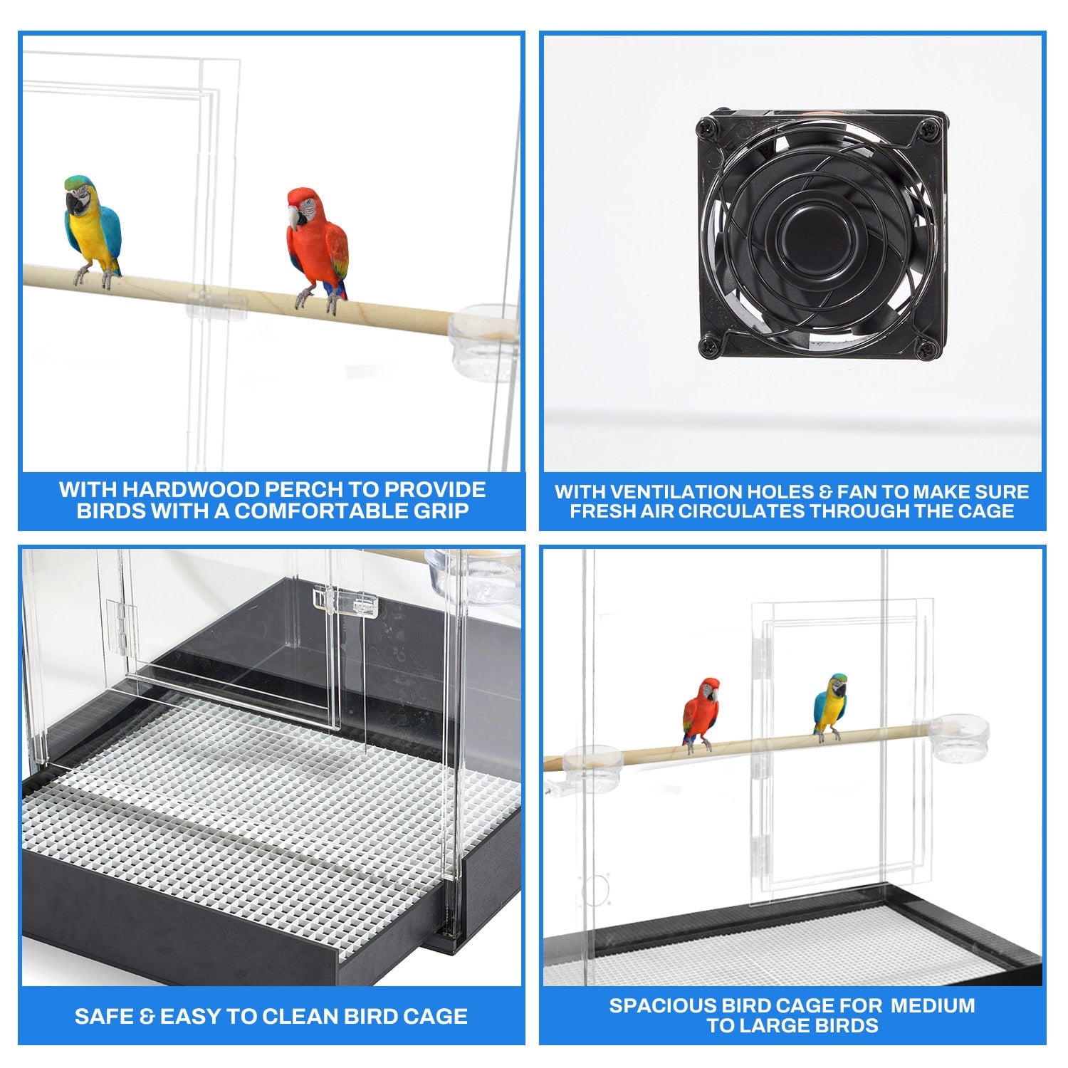 PENNZONI Extra Large Bird Cage for Macaws & Parrots, Crystal Clear Acrylic Cage, No Base