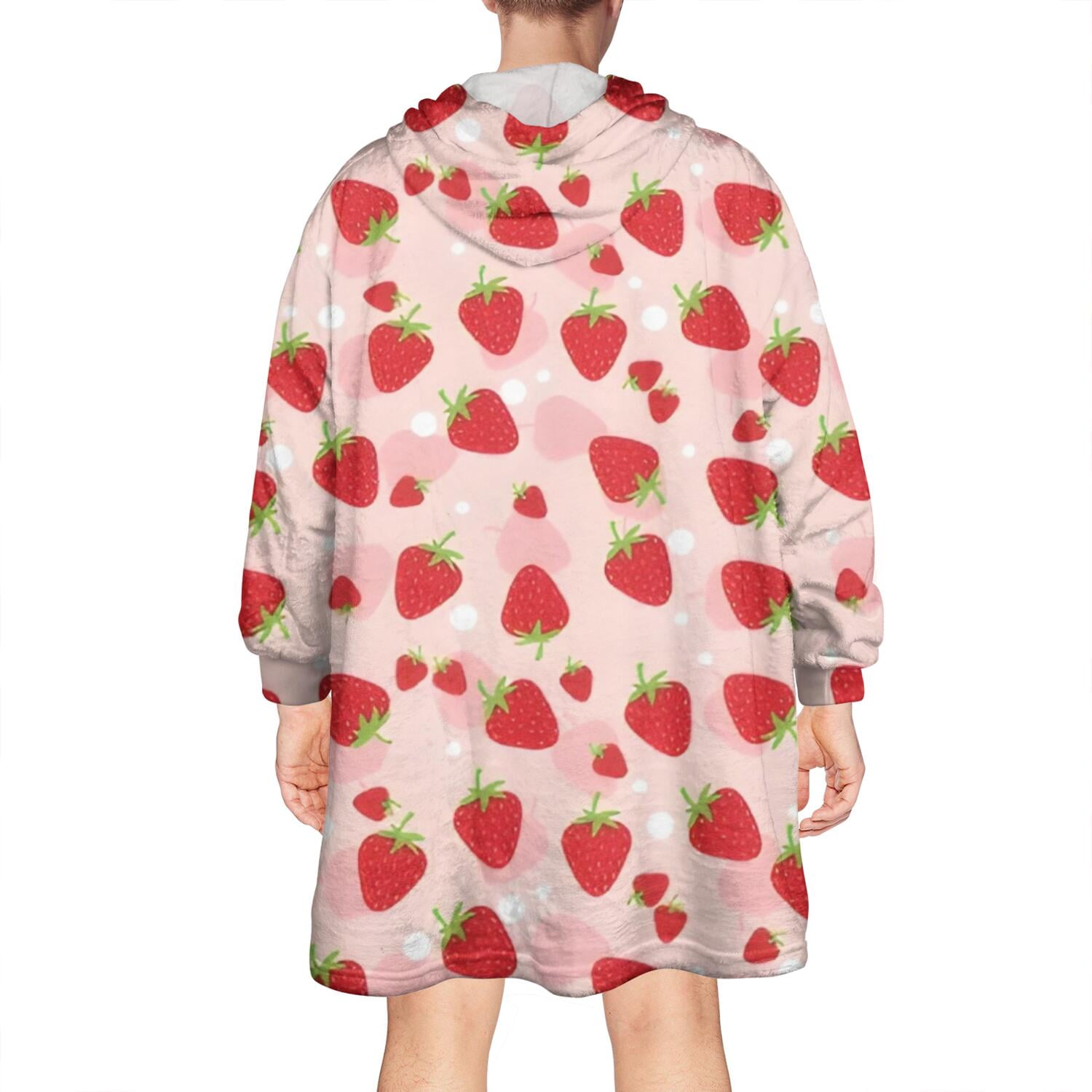 Red Strawberry Plants Fruit Dot Pink Pattern Wearable Oversized Blanket,Wearable Blanket Hoodie for Adults,Cozy Hooded Blankets with Super Pockets,Super Warm Fuzzy Pullover for Women & Men
