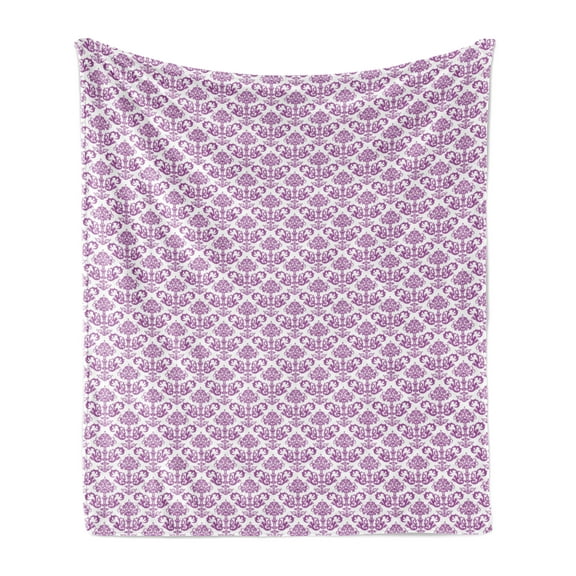 Damask Soft Flannel Fleece Throw Blanket, Damask Style Continuous Pattern with Intermingled Curvy Leaves Stems, Cozy Plush for Indoor and Outdoor Use, 70" x 90", Purple and White, by Ambesonne