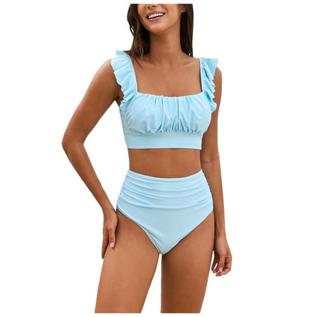 GEWSEY Womens Tummy Control Bathing Suits Ruffle Tankini Set 2Pcs Sexy Crop Square Neck Twist Front Tops with Thong Blue  S