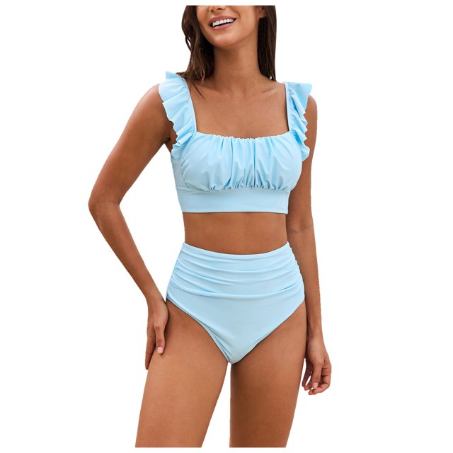 Huesdet Ensembles de Bikini Taille Haute pour Femmes Maillots de Bain Deux Pièces à Blocs de Couleur Maillot de Bain Modeste et Échancré (Bleu, P)
