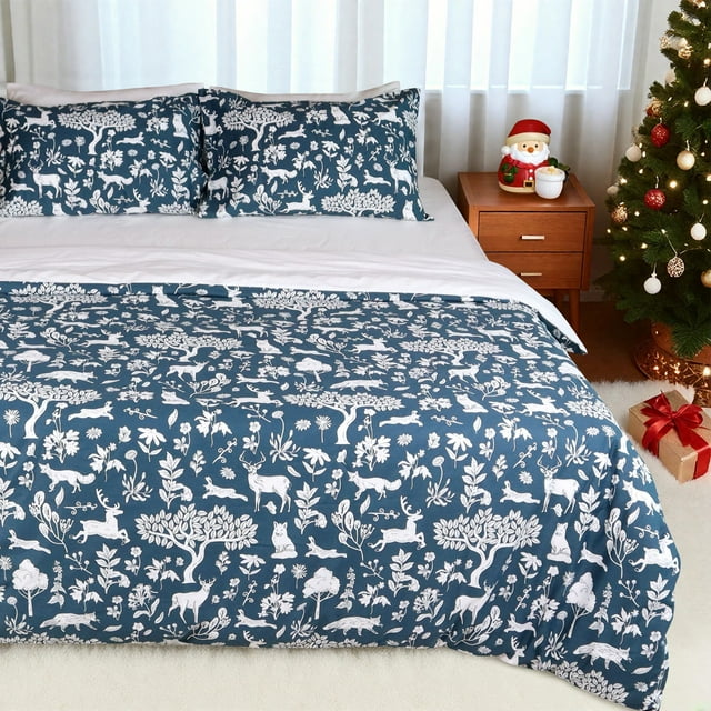 Gogreen 100% Cotton Christmas Duvet Cover Set - 3 Piece Soft Breathable Bedding Set, All Season Comforter Cover with Zipper Closure & Corner Buttons (Christmas Classical, Queen Size)