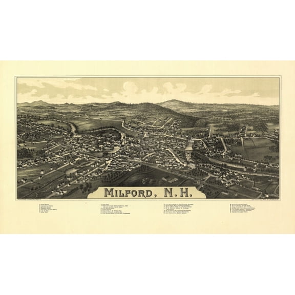 Antique Map of Milford New Hampshire 1886 Hillsborough County Canvas Art - (36 x 54)