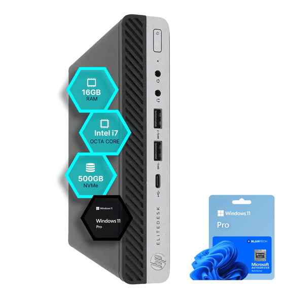 Restored HP EliteDesk 800 G5 Micro, Intel Core i7, 16GB RAM, 500GB NVMe SSD, Windows 11 Pro, WiFi, Bluetooth 5G – Blair Tech (Refurbished)