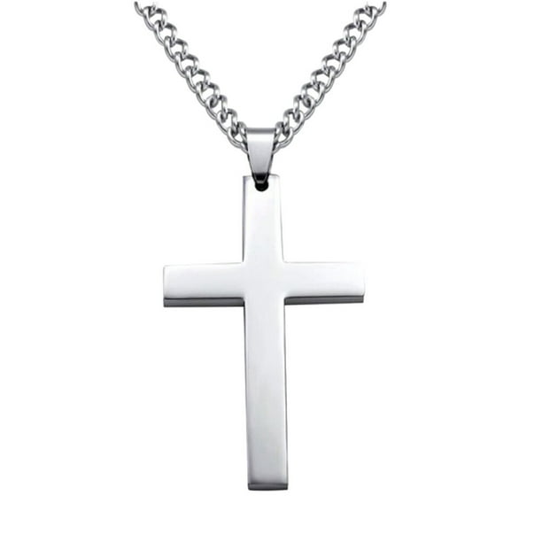 Collar con colgante de cruz de acero de titanio simple, regalo para mujer y hombre (plata, con cadena).