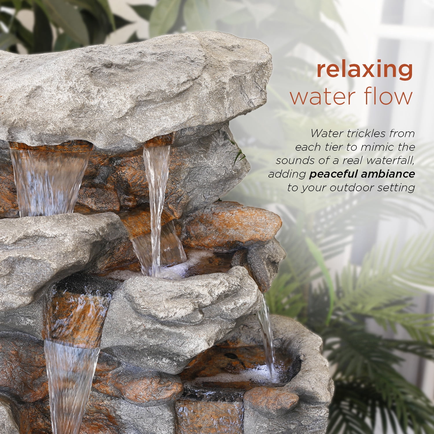 Alpine Corporation Outdoor 5-Tier Rainforest Rock Water Electric Fountain with LED Lights
