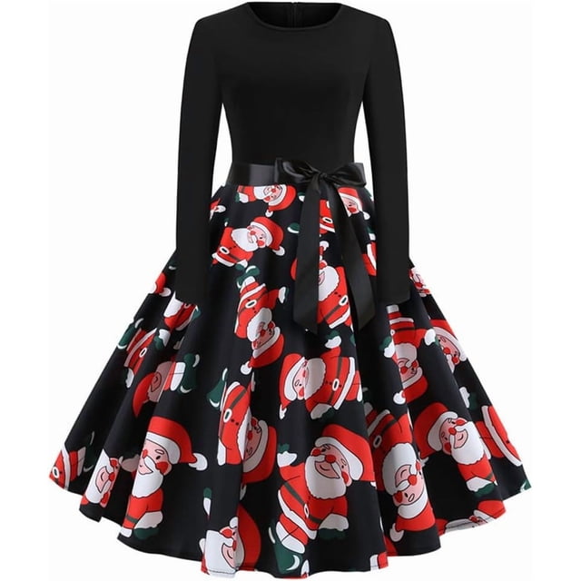 Paskyee Robes de Noël pour Femmes Costumes de Noël Père Noël Imprimé Années 50 Vintage Robe de Fête Décontractée