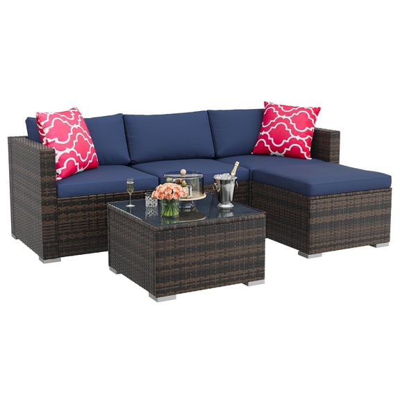 5-Piece All-Weather Patio Furniture Set, Convertible Outdoor Sectional Sofa with Ottoman & Tempered Glass Table, PE Rattan Conversation Set for Garden, Backyard, Porch, Poolside