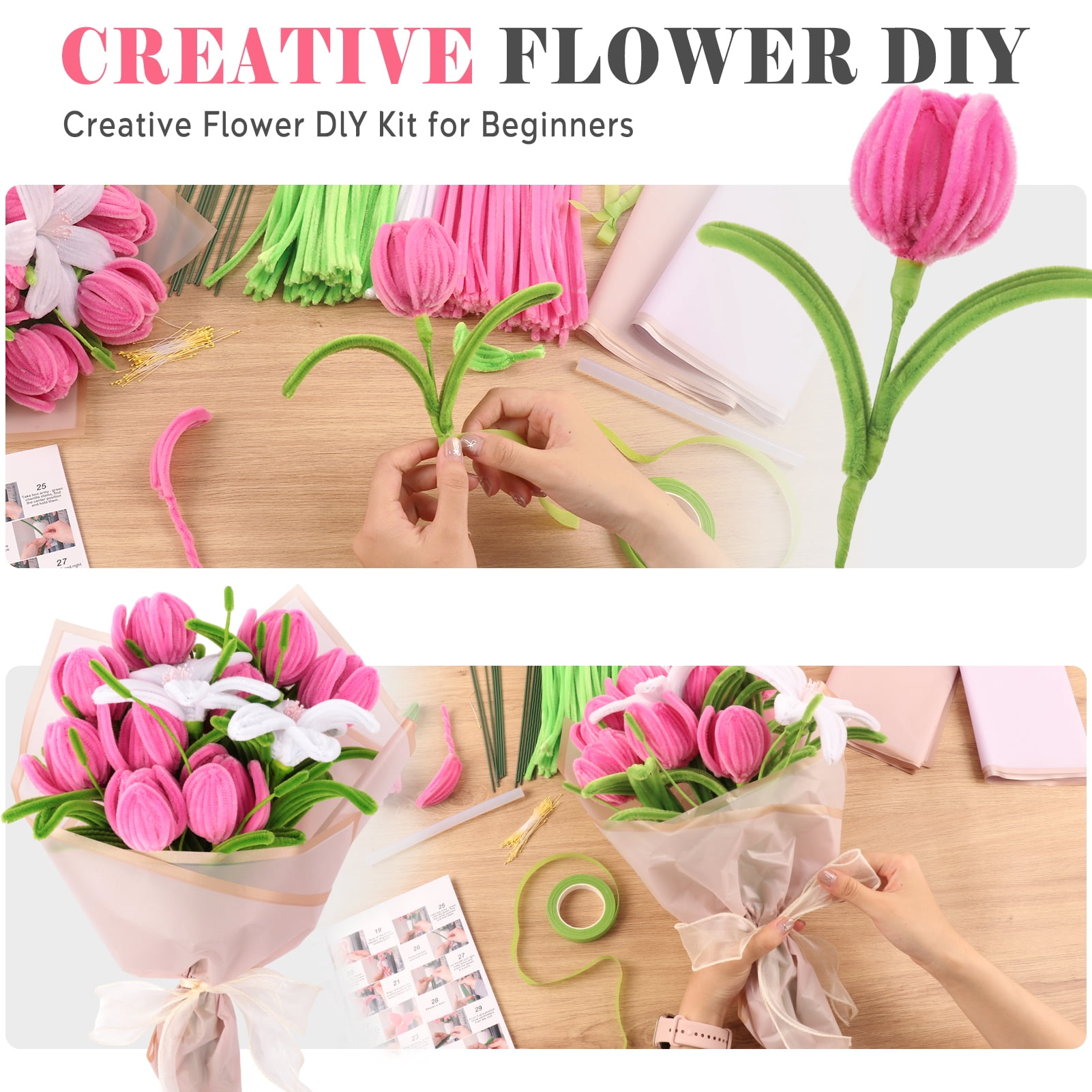 CandWuom Pink Green Pipe Cleaners Flower Kit for Graduation Gifts, Chenille Stems for Pipe Cleaner Tulip Flowers Bouquets Making