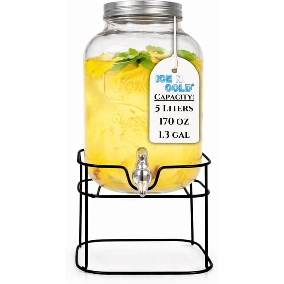 5 Liter Glass Beverage Dispenser with Black Metal Stand