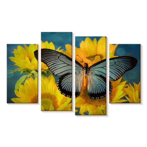 Elephant Stock Flower And Butterfly Wall Art - Horizontal Multi Panel Canvas - Living Room Wall Decor - Animal Multi Panel - Yellow And Blue Decor By Darrell Gulin - 24" x 14"