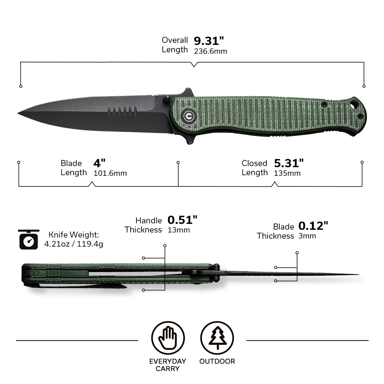 CIVIVI RS71 Pocket Knife for Men, Folding Knife with 4" Nitro-V Long Blade Micarta Full-size Handle C23025-3