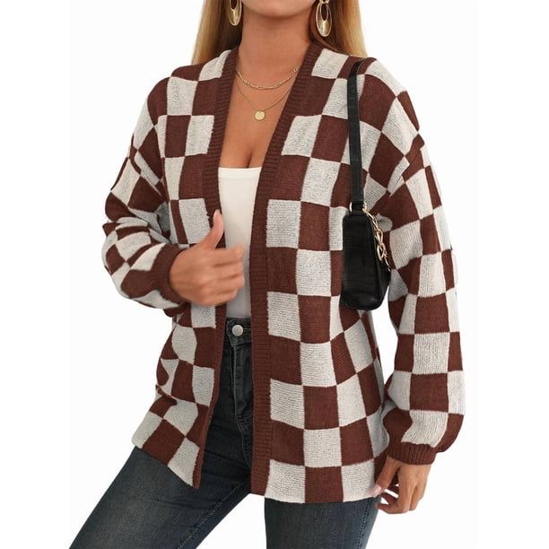 Cárdigan de Cuadros de Talla Grande para Mujer, Suéter Holgado con Estampado A Cuadros y Abertura Frontal, Prenda Exterior Marrón L