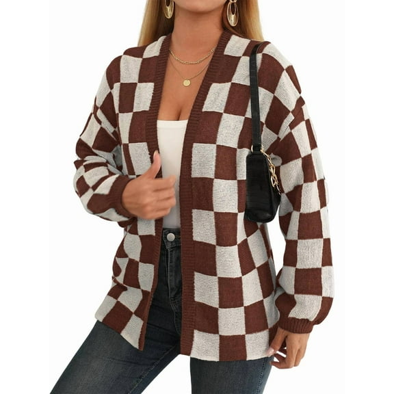Women'S Plus Size Checkered Cardigan Top Plaid Print Open Front Loose Sweater Outwear Brown White S