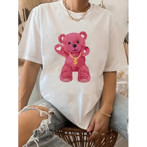 Camiseta vintage con estampado de osito de peluche para mujer, cuello redondo, manga corta, tejido de punto de algodón, moda de verano, largo normal - 200 g/m²