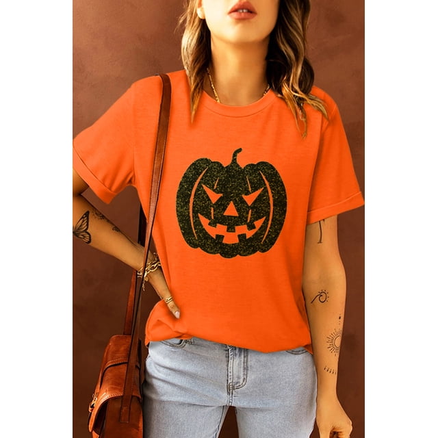 ABPHQTO Camiseta con estampado de purpurina y cara de calabaza de Halloween naranja para mujer
