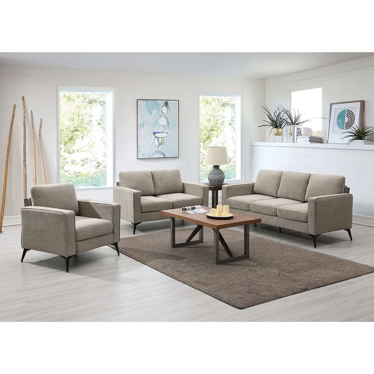 Kadyn Modern 3-Piece Sofa Sets, Upholstered 3-Seat Sofa with Sturdy Metal Legs, Loveseat and Single Chair for Living Room Furniture Set, Camel
