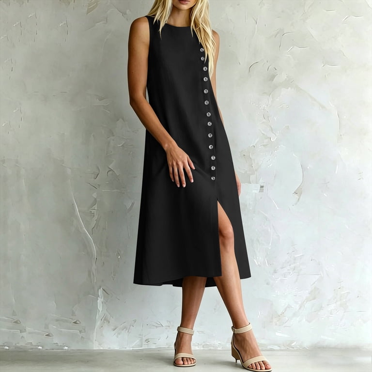 Hinvhai Women's Cotton Linen Sleeveless Decorative Button Maxi Dress Loose Fit Casual Dress Side Slit with Pockets Black L(l), Size: Large