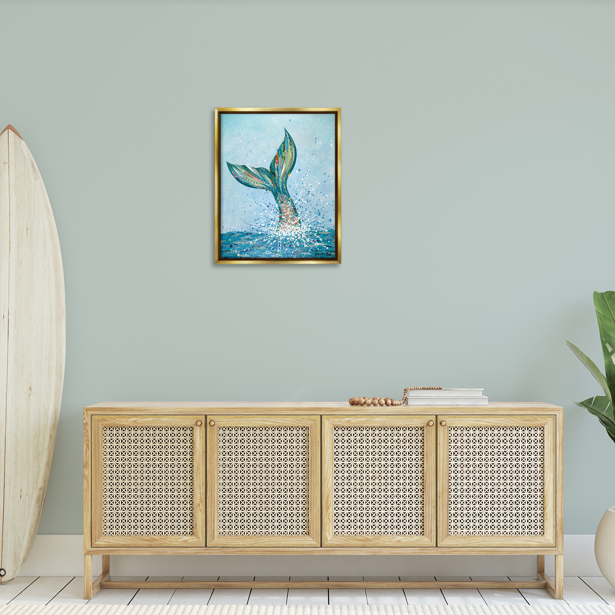 Stupell Industries Diving Mermaid Tail Fairy Tales & Fantasy Painting Gold Floater Framed Canvas Art Print Wall Art, 25 x 31
