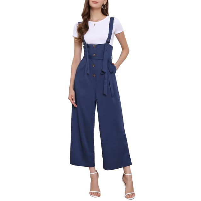 INSPIRAR CHIC Mono de tirantes con botones en la parte delantera, cintura alta, con cinturón y corte recto para mujer, XS, azul oscuro