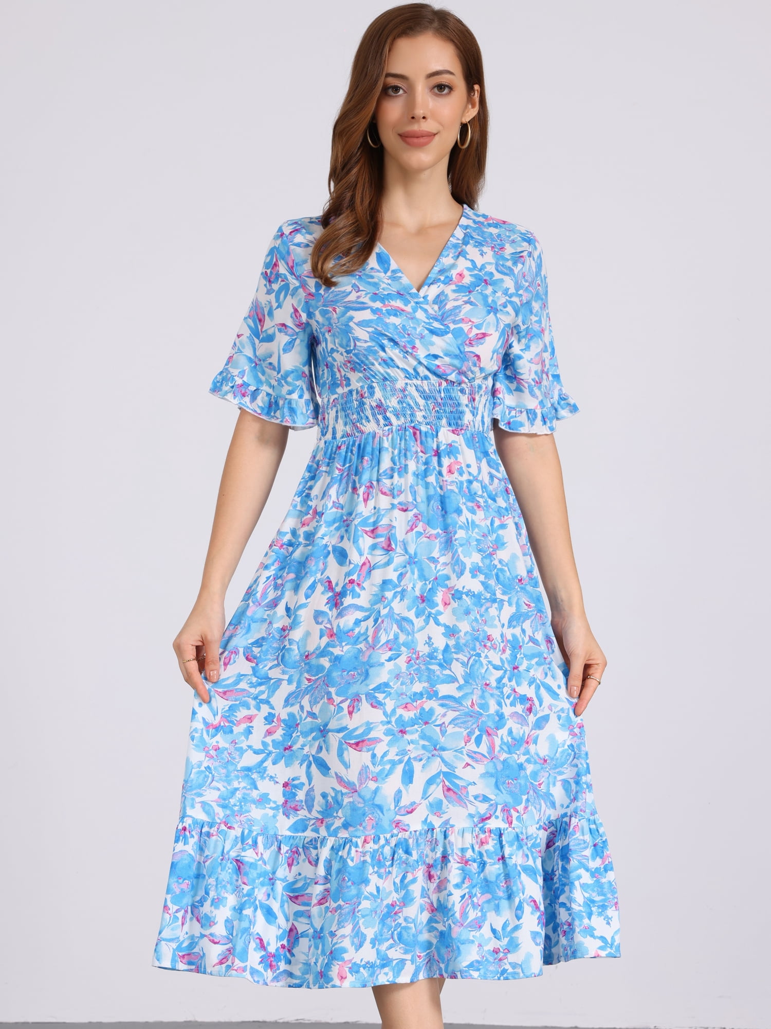 DARING DIVA Floral Summer Casual Ruffled Hem Wrap Midi Dress M Blue White