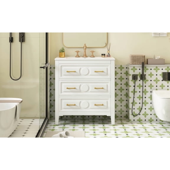 YIYADO 30" Bathroom Vanity with Ceramic Sink Combination, Freestanding Single Vanity Set with 3 Drawers, Solid Wood Frame Bathroom Storage Cabinet, White