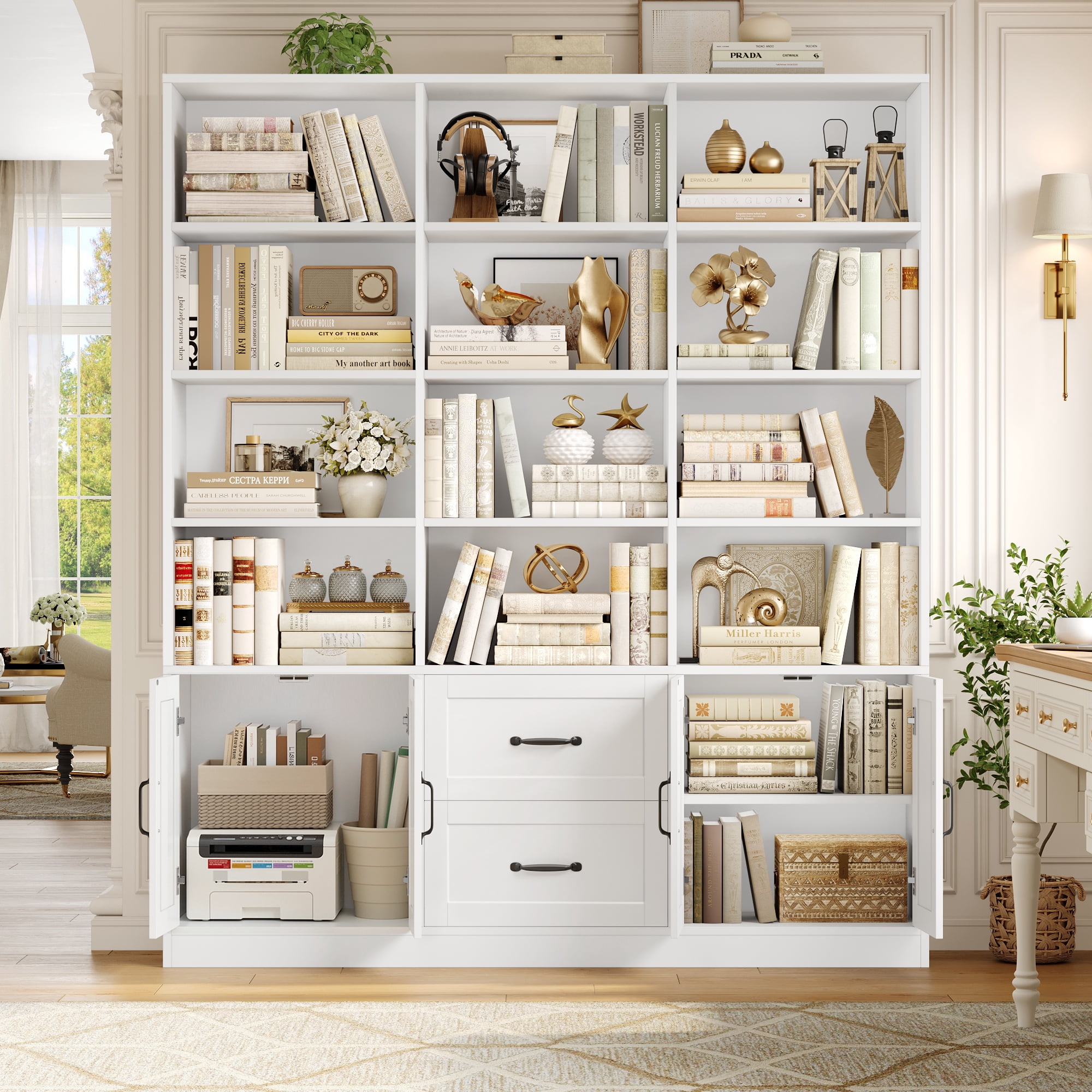 Hiphuta 71" Tall Triple Row 4-Tier Bookcase with 12 Open Cubes, 59" Wide Extra Large Display Bookshelf with 4 Doors and 2 Drawers, for Office Living Room, White
