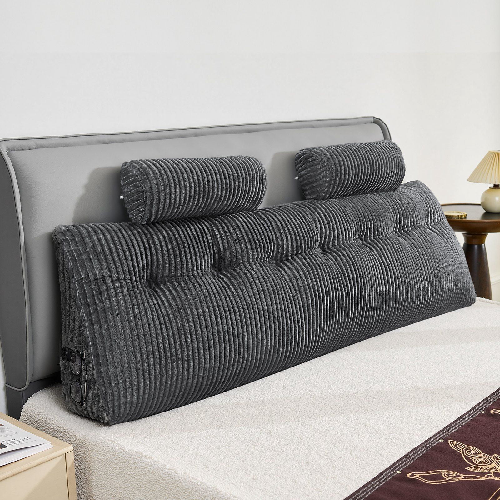 King Size Wedge Headboard Pillow with 2 Side Pockets – Bed Wedge Pillow for Reading, Gaming & Resting, Grey, Washable Flannel Cover