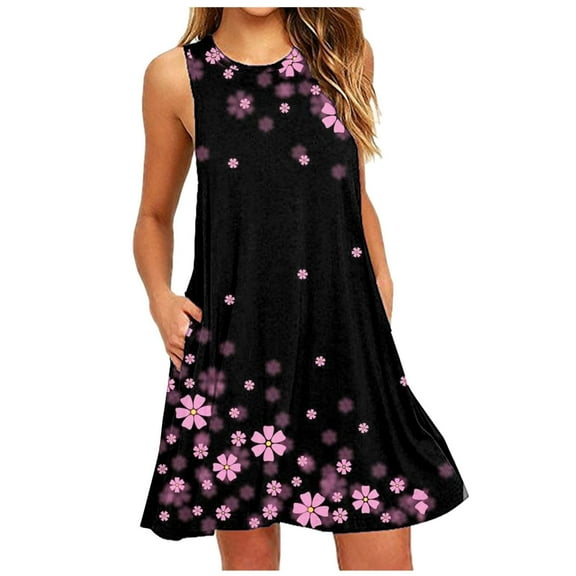 Viikei Summer Dresses for Women Plus Size Summer Dresses 2025 Sleeveless Dresses Women's Fashion Sleeveless Round Neck Casual Pocket Printed Dress