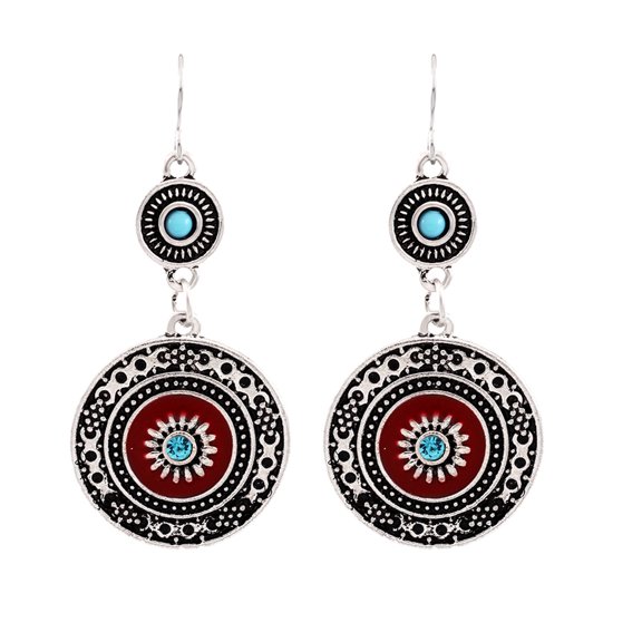 Ayyufe Women Rhinestone Inlaid Enamel Flower Long Ethnic Round Dangle Hook Earrings