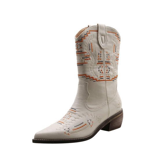 Woobling Ladies Comfort Mid Calf Boots Walking Block Chunky Heel Western Cowgirl Non-Slip Beige 8.5