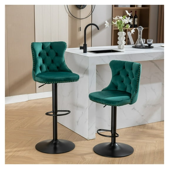 Velvet Bar Stools Set of 2, Adjustable Height Swivel Bar Chairs with Back, Modern Upholstered Kitchen Island Stools, Tufted Green Barstools for Home Pub