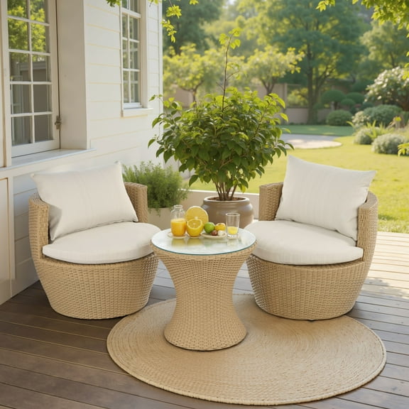 Christopher Knight Home Coastal 3 Piece Wicker Outdoor Chat Set, 2 Rattan Chairs, Glass-Top Table, Beige Cushions