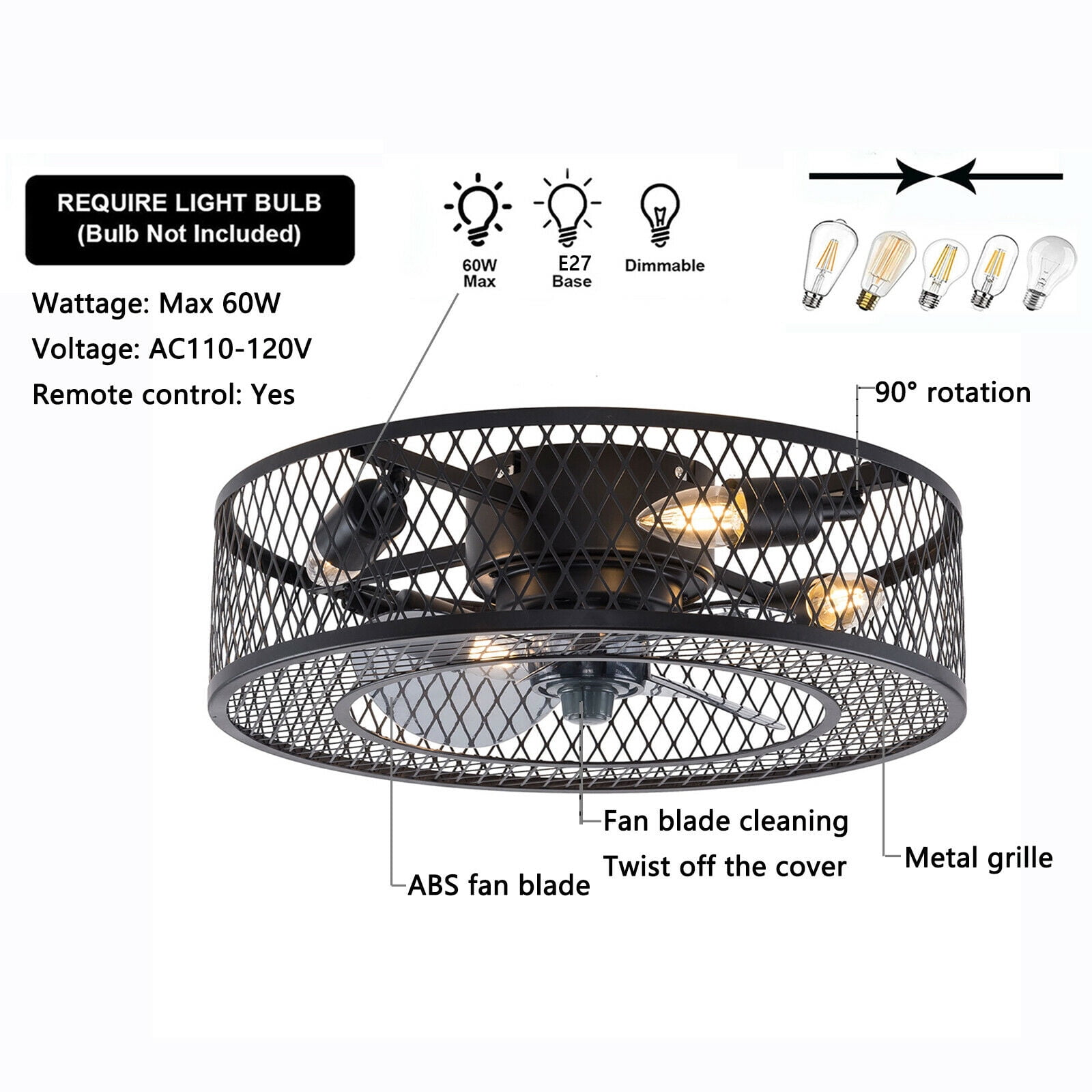 Miumaeov 18'' Rustic Metal Caged Ceiling Fan Light Semi Flush Mount Fan Chandelier 3 Speeds with Remote Control Black