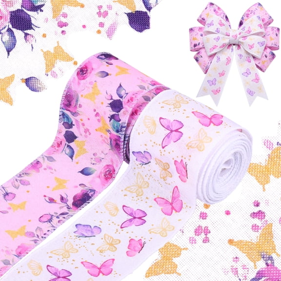Austok 2 Rolls 10 Yards Floral Wired Edge Ribbon Spring Wildflowers Printed Craf Ribbon for Gift Wrapping Bow Wreath Making for Birthday Wedding Craft Supplies
