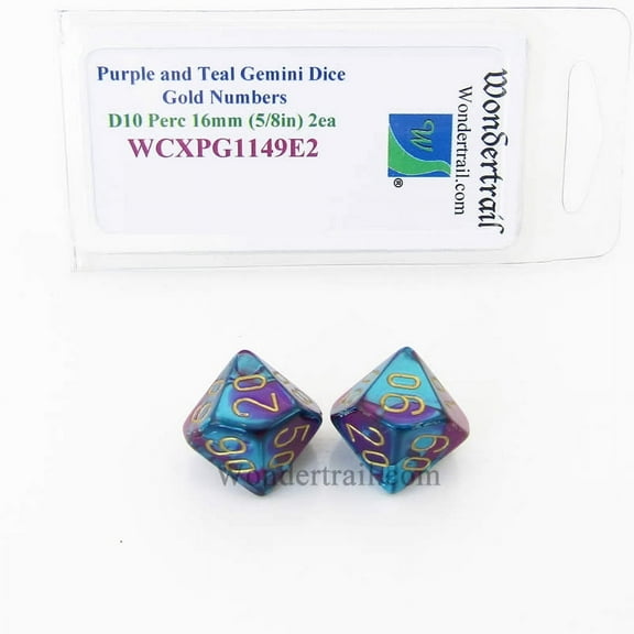 Purple and Teal Gemini Dice with Gold Numbers Perc D10 Aprox 16mm (5/8in) Pack of 2 Wondertrail