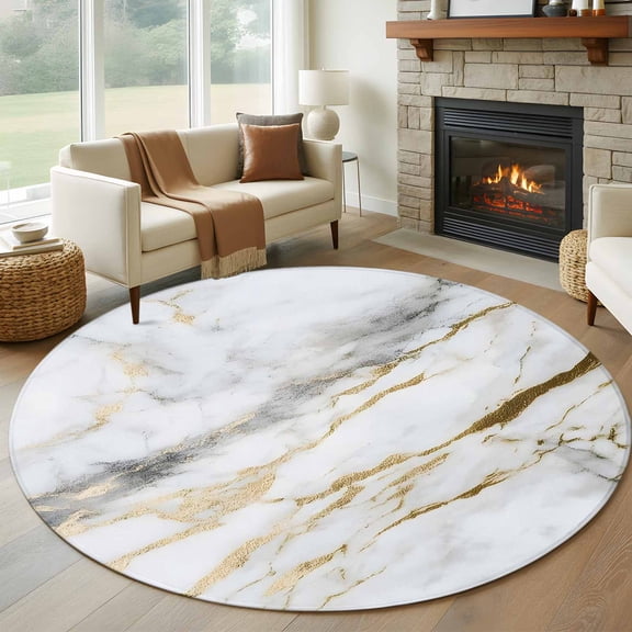 White Grey Gold Marble 5FT Round Area Rugs for Living Room Abstract Modern Cracked Stone Texture Ultra-Thin Non-Slip Round Rugs Machine Washable Low Pile Circle Carpet for Bedroom Kitchen Nursery