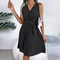 thumbnail image 5 of VSSSJ Women's Cross V Neck Sleeveless Tunic Mini Pleated Dresses Solid Color Belted Slim Elegant A-Line Swing Summer Short Dress Black S, 5 of 7