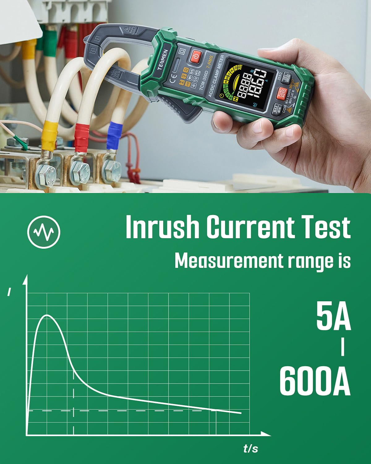 TESMEN TCM-300D TRMS Digital Clamp Meter, Auto-Ranging AC/DC Voltage and Current Tester, Multimeter with Backlit Display & NCV Detection