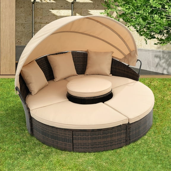 Segmart Hot Sale KD Rattan Round Lounge With Canopy Bali Canopy Bed Outdoor, Wicker Outdoor Sofa Bed with lift coffee table