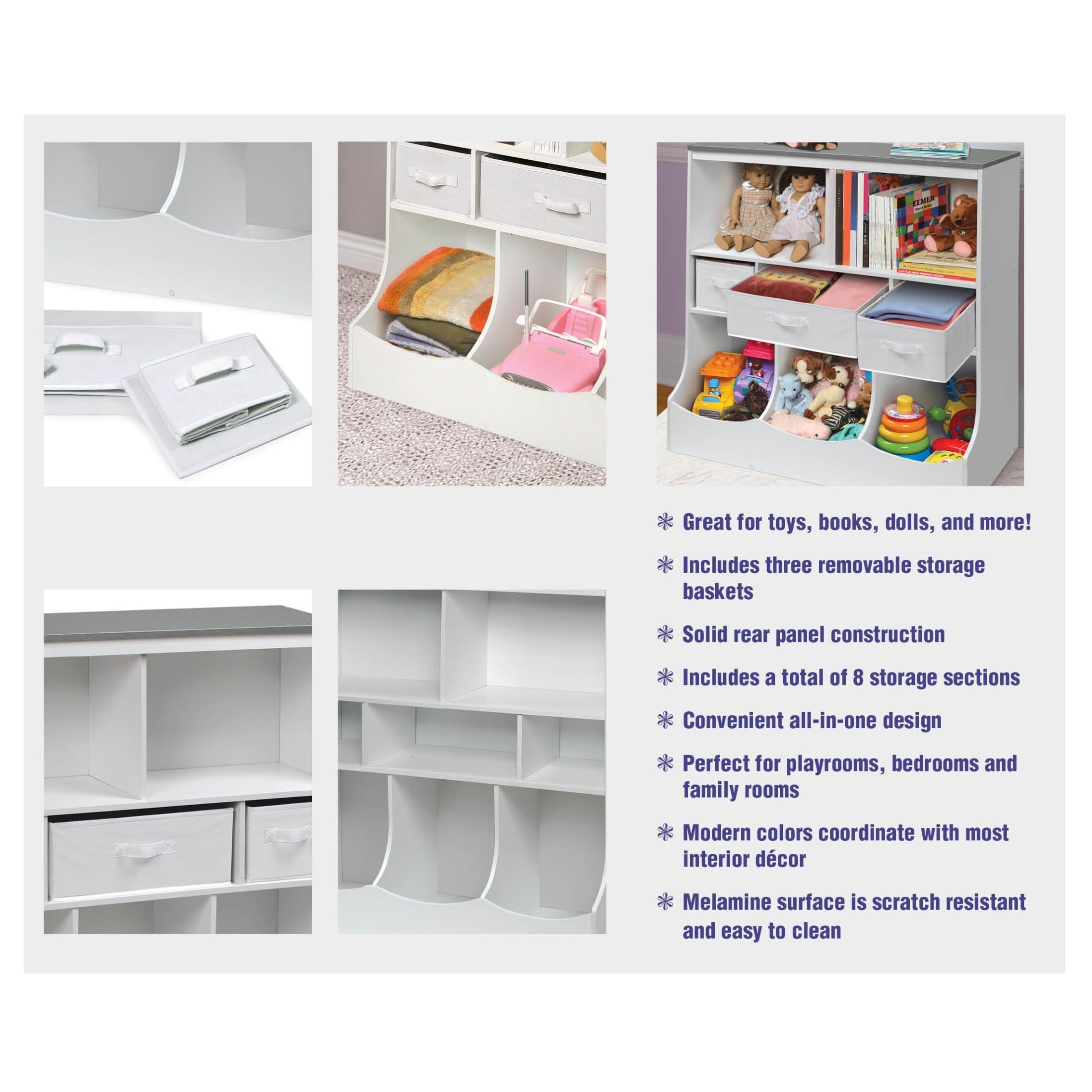 Badger Basket Combo Bin Wood Toy Storage Organizer with Three Baskets 8.6 Cu ft.- White/Gray
