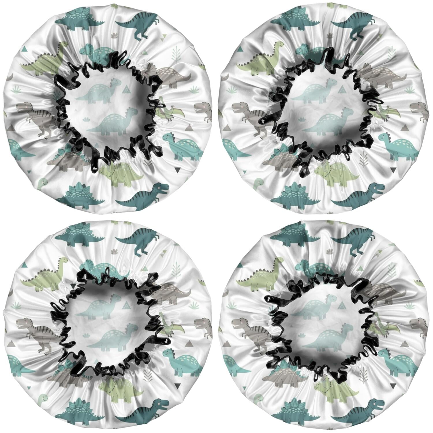 Shower Caps,White Cartoon Dinosaurs Triangles Plants Pattern Waterproof Shower Cap for Women 4 Pieces,Double Reusable Hair Cover for Shower PEVA Elastic Stretch Hem