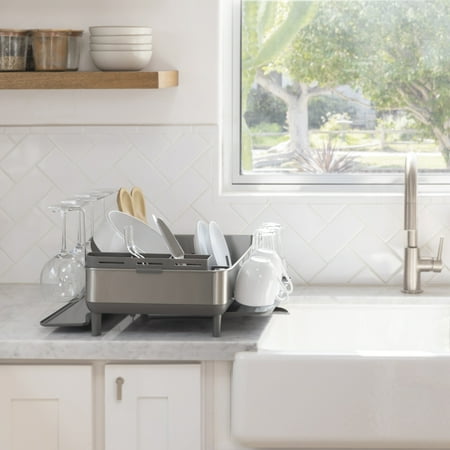 simplehuman - Kitchen Dish Drying Rack With Swivel Spout, Fingerprint-Proof Stainless Steel Frame - Grey Plastic