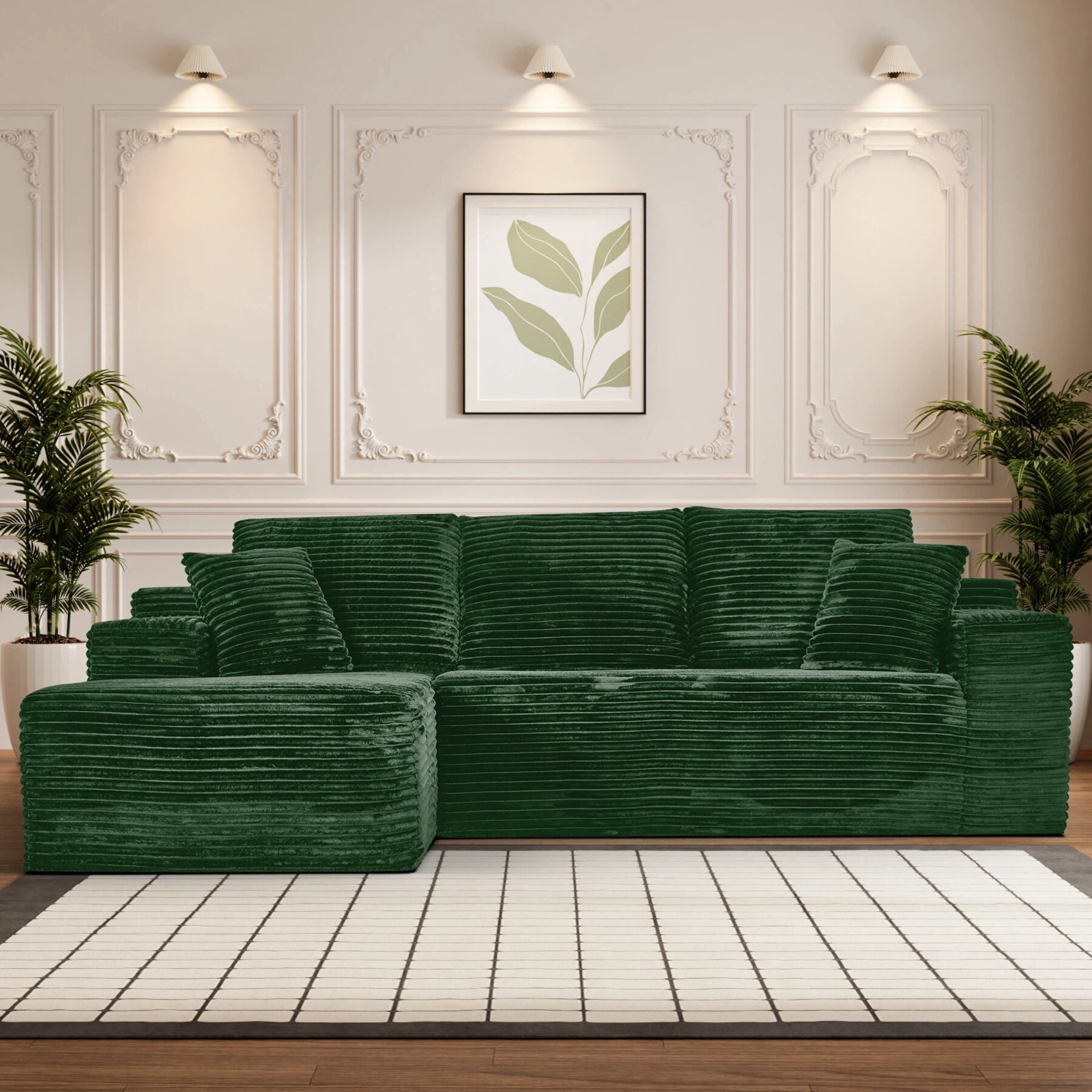 AISWORD 107.5" Corduroy Boneless L Shaped Modular Sectional Sofa with Left Facing Chaise, Deep Seat Compressed Couch with Throw Pillows, No Assembly Required, Green
