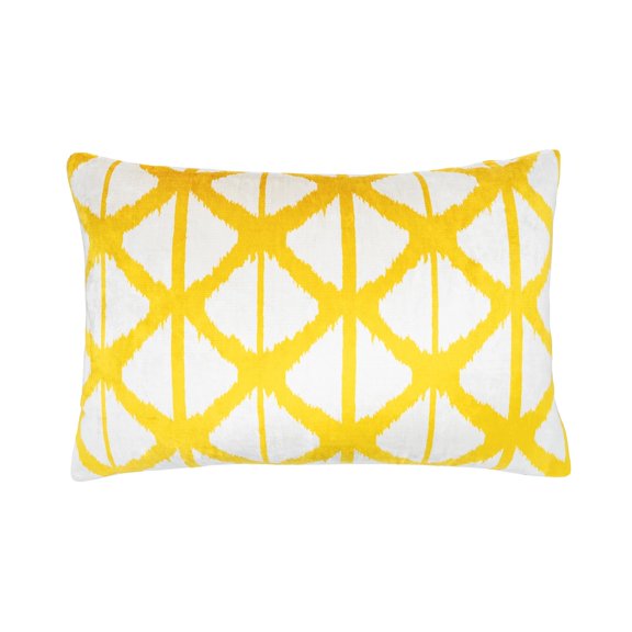 Lagoon Yellow Silk Velvet Ikat Pillow, 16" X 24"