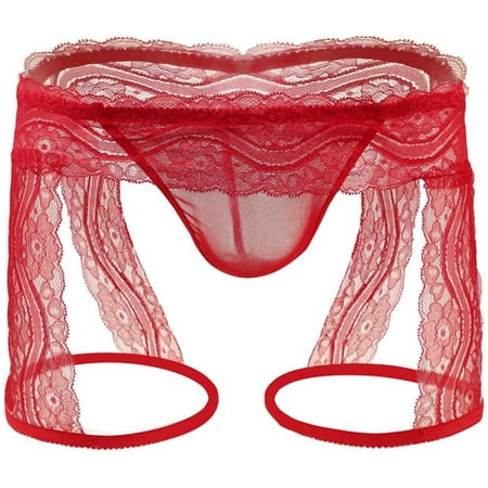 GZhLonKiMa Mens Lace Panty Lingerie Mesh Sheer Strappy Floral Lace G-String Thongs Crossdress Underpants with Garter