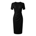 thumbnail image 5 of Casual Pleated Round Neck Short Sleeve Waist Midi Dress for Everyday Wear - Versatile Solid Color Womens Casual Dress, Black, XL, 5 of 5
