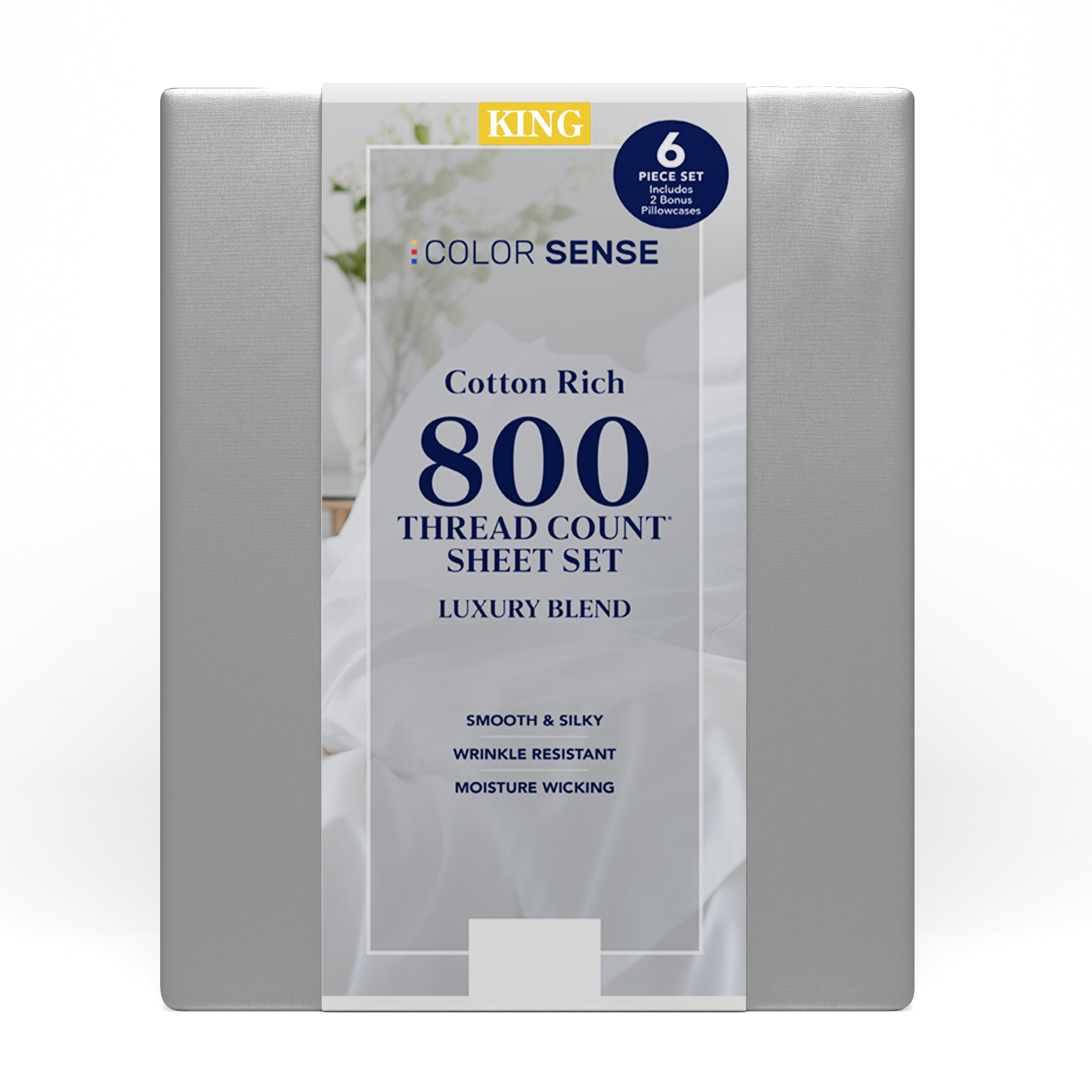 Color Sense 6-Piece 800 Thread Count Gray Cotton Rich Adult Bed Sheet Set, King - Deep Pocket