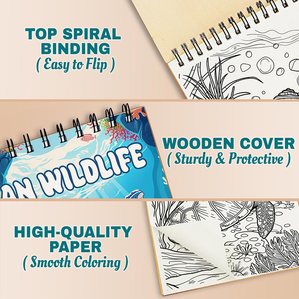 Netecom Ocean Wildlife Coloring Book Spiral Bound for Adults, A5 Wooden Cover, 30 Beautiful Coloring Pages of Life Undersea for Stress Relief and Relaxation